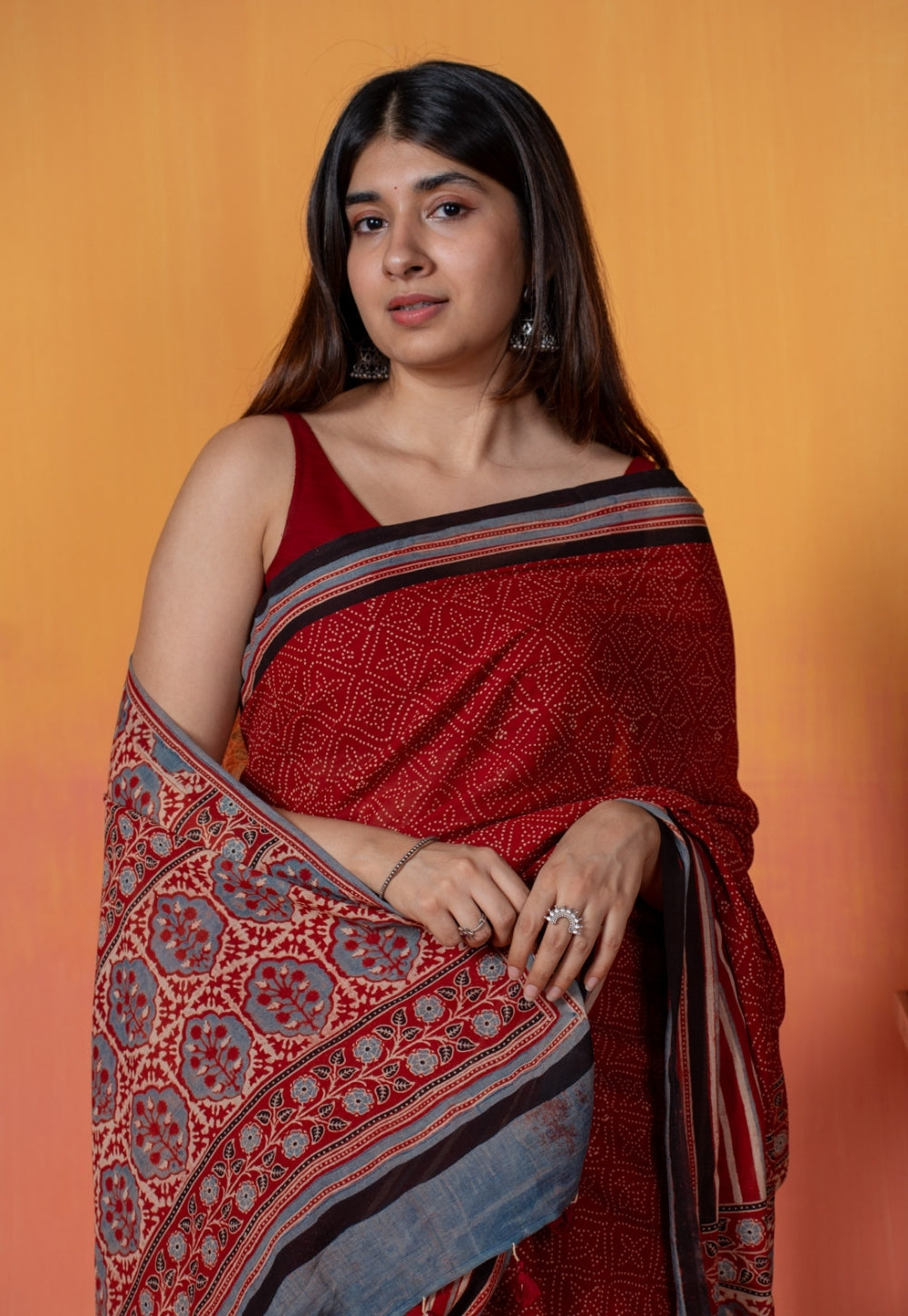 Red Stripe Ajrakh Hand Block Print Mul Saree