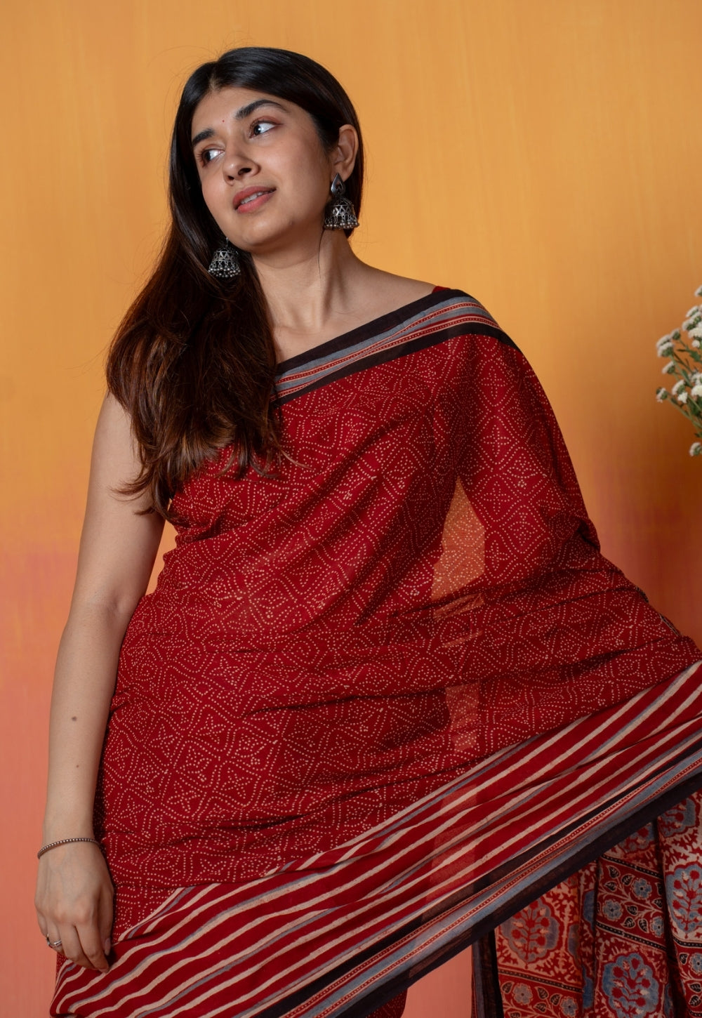 Red Stripe Ajrakh Hand Block Print Mul Saree
