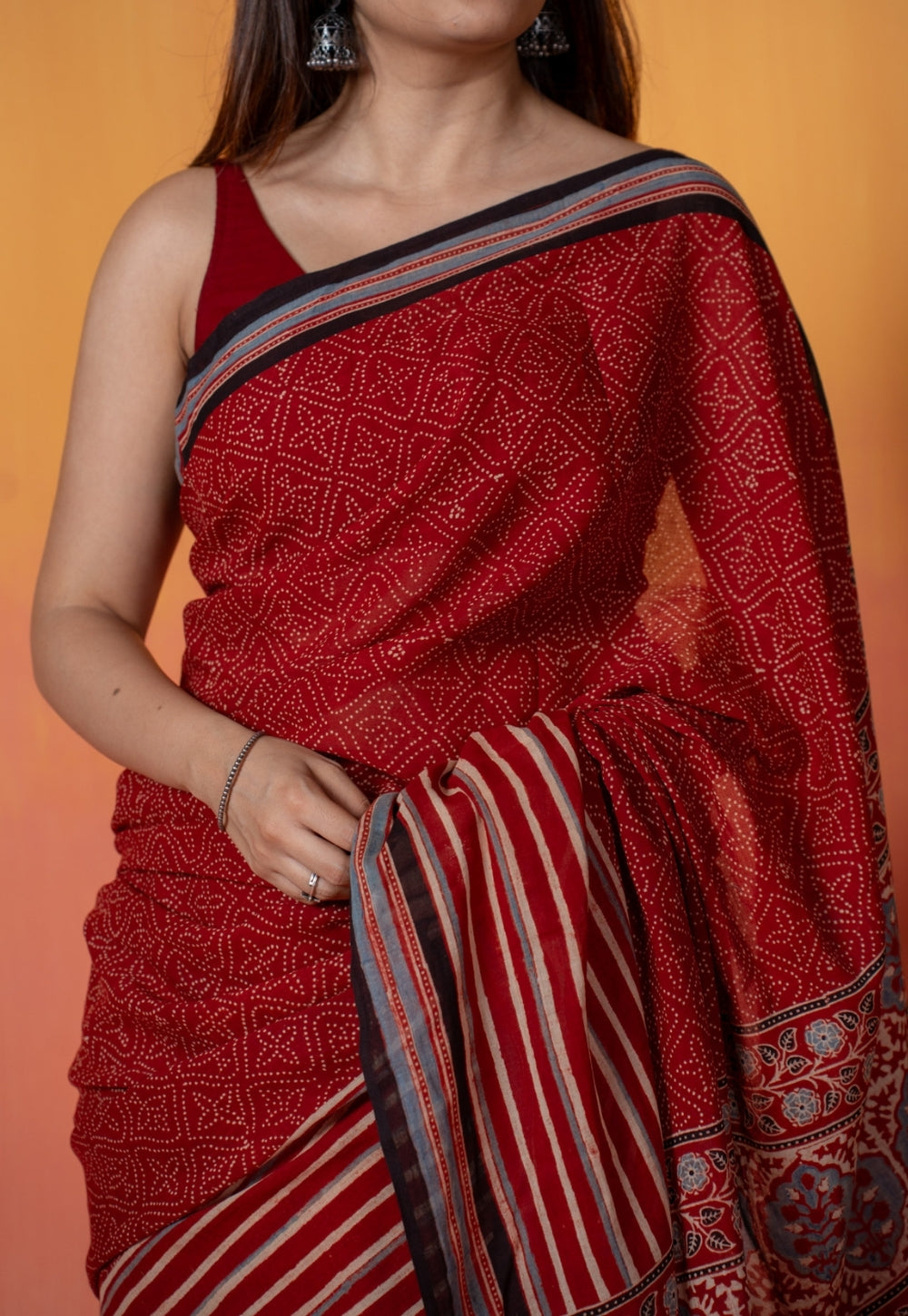 Red Stripe Ajrakh Hand Block Print Mul Saree