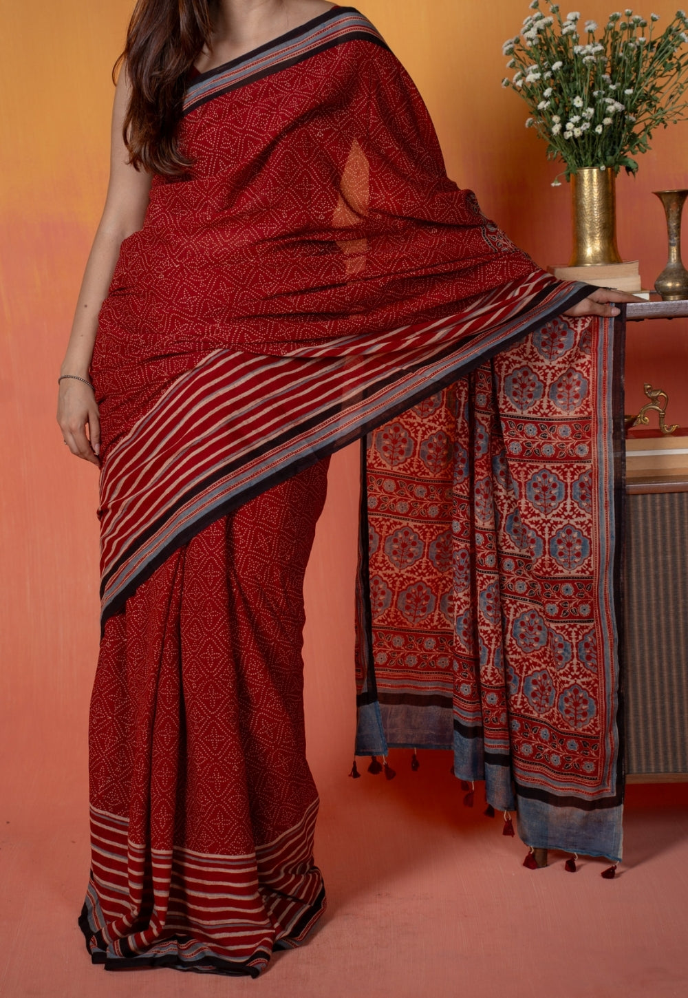 Red Stripe Ajrakh Hand Block Print Mul Saree