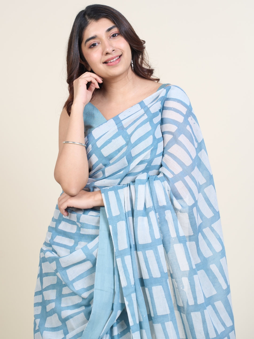 Mishi Blue Batik Hand Block Print Mul Cotton Saree with Embroidery