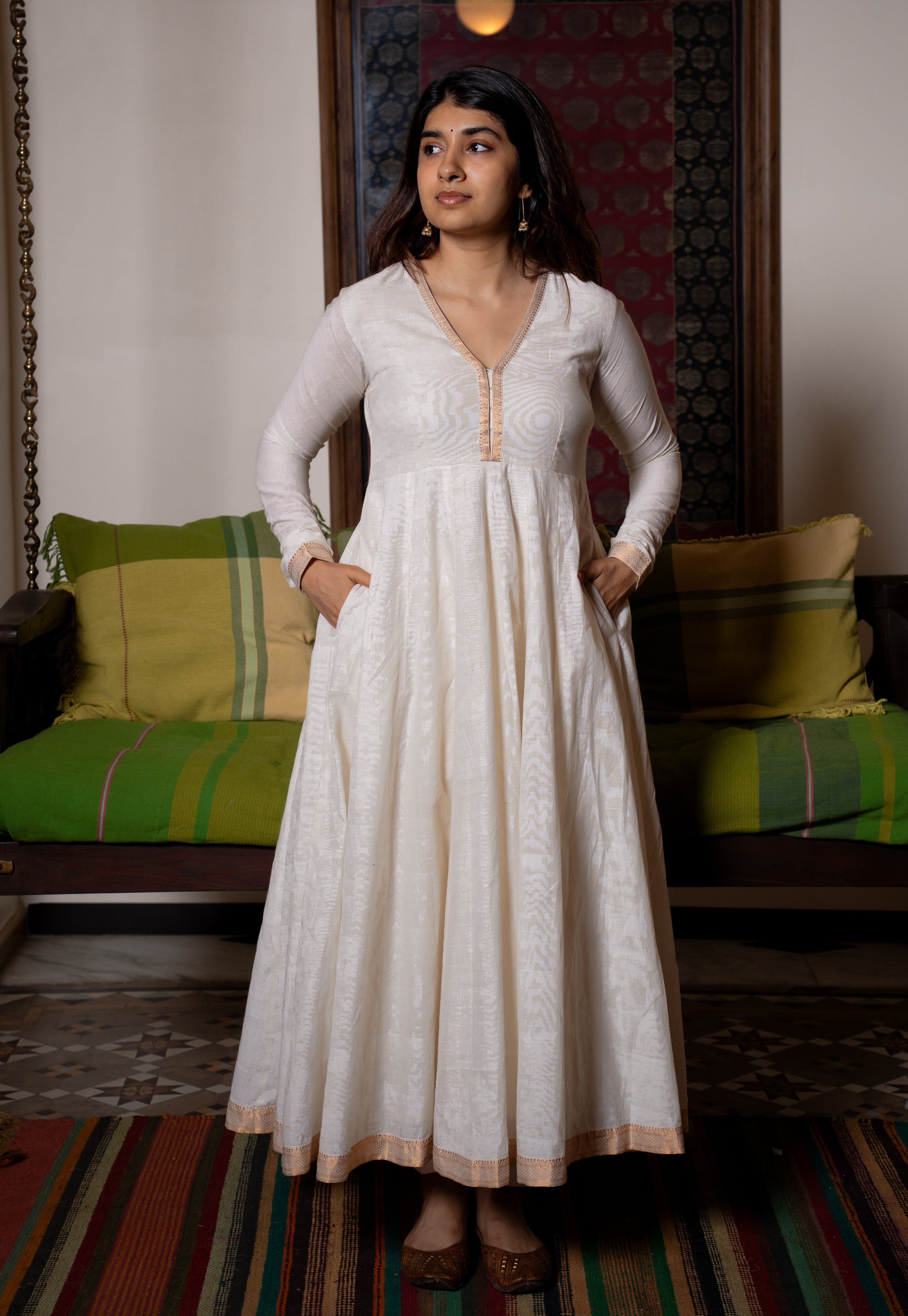 Husna White Mangalgiri Cotton Kali Kurta with Nizam Border