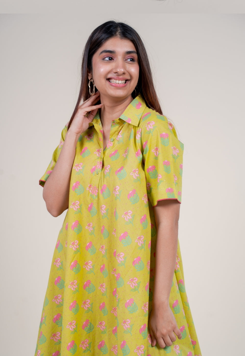 Srisha Lime Green Printed Cotton A Line Dress