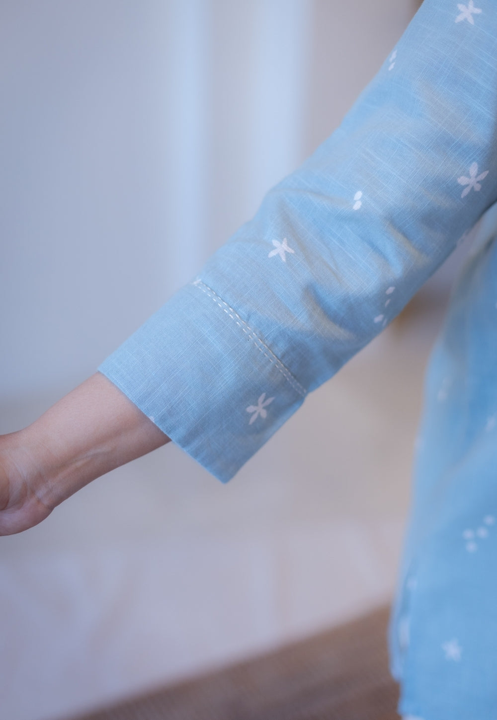 Lyla Sky Blue Hand Block Print Slub Cotton Straight Short Top with Hand Embroidery