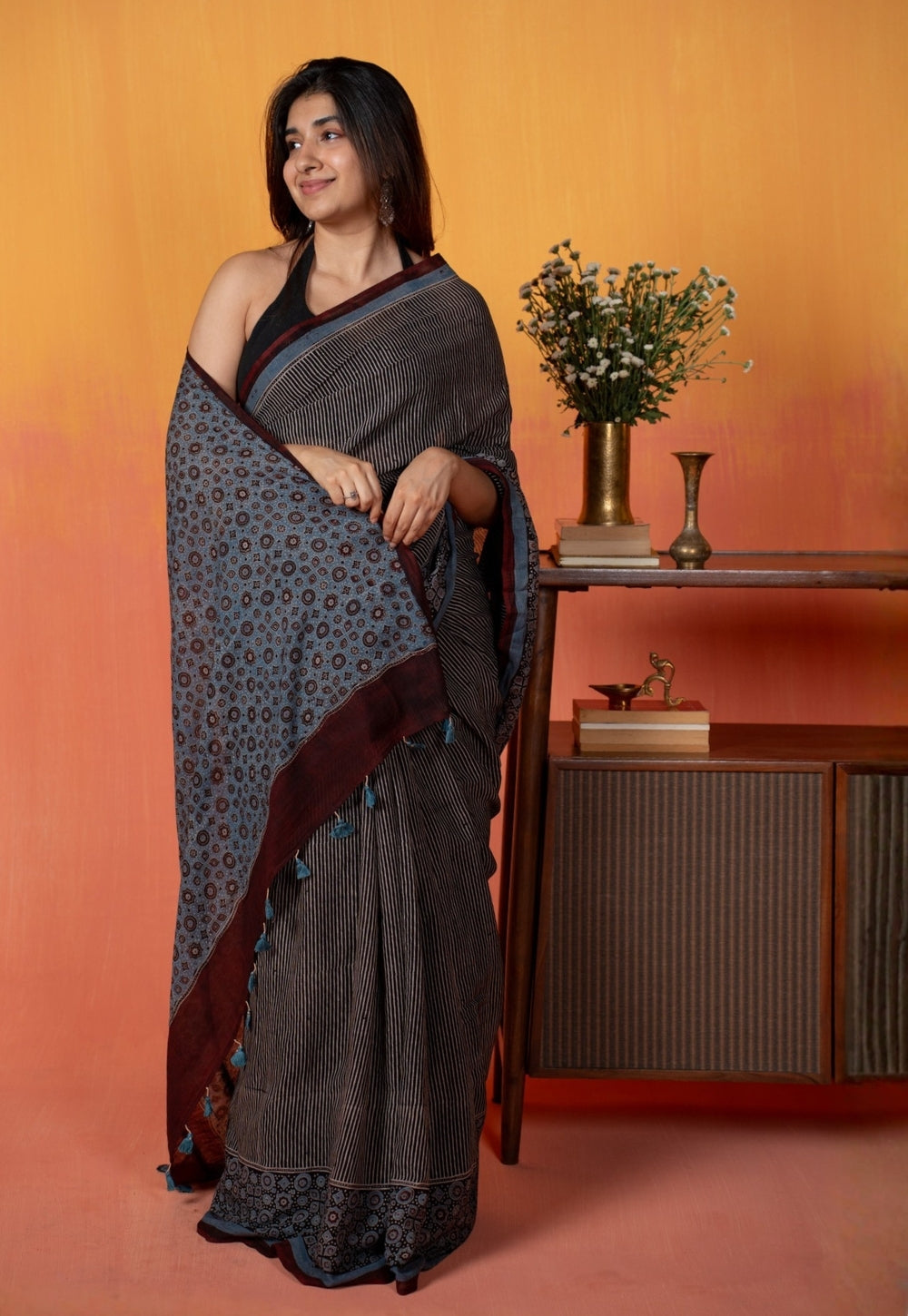 Black Pinstripe Ajrakh Hand Block Print Mul Saree