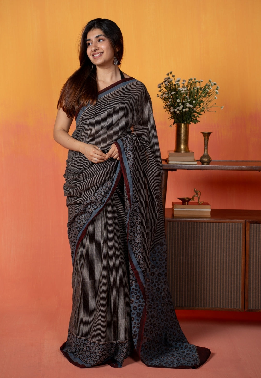 Black Pinstripe Ajrakh Hand Block Print Mul Saree