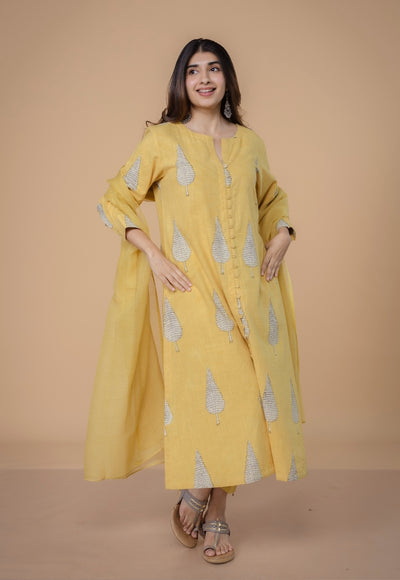 Ruchi Yellow Dabu Slub Cottton Straight Kurta