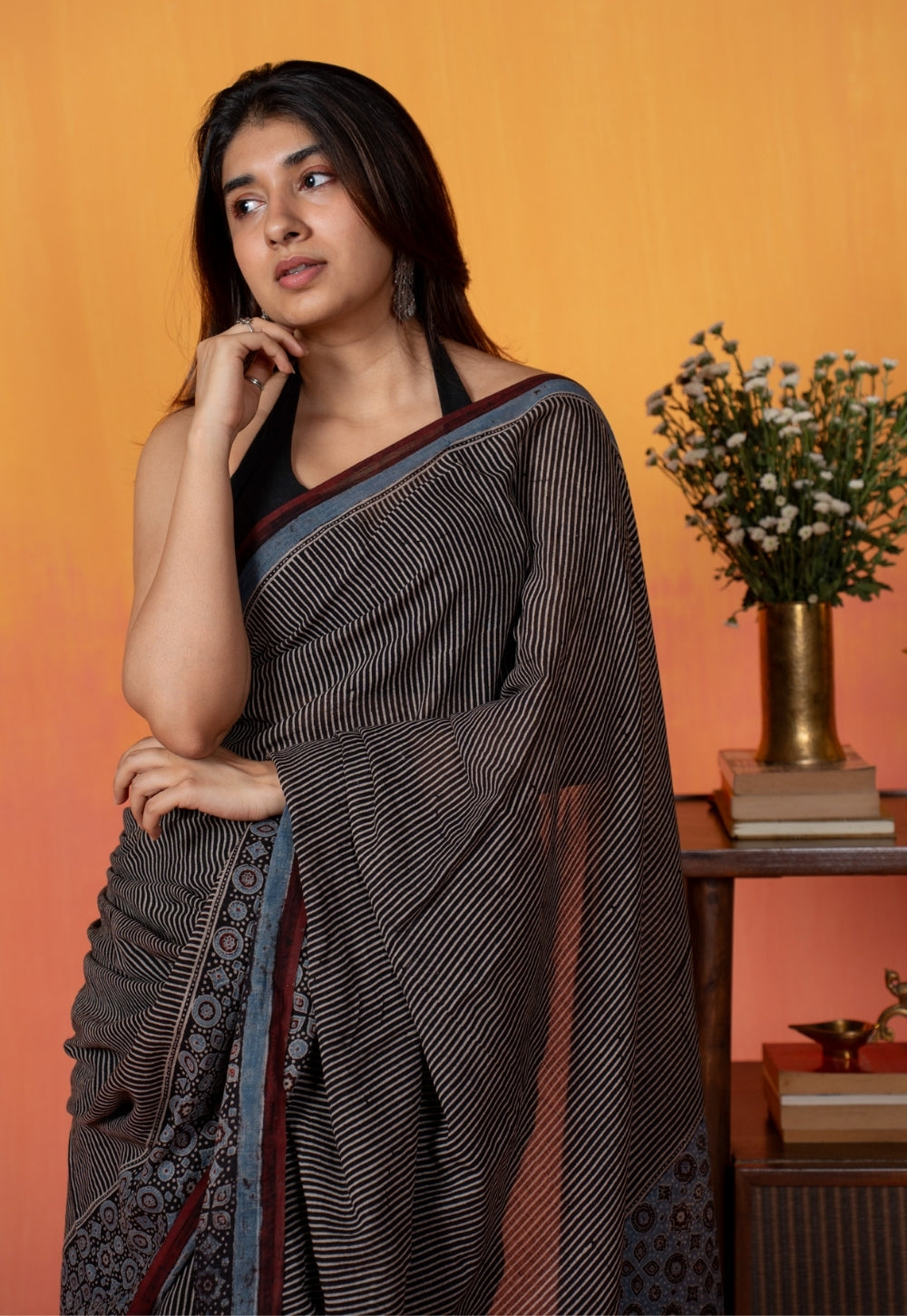 Black Pinstripe Ajrakh Hand Block Print Mul Saree