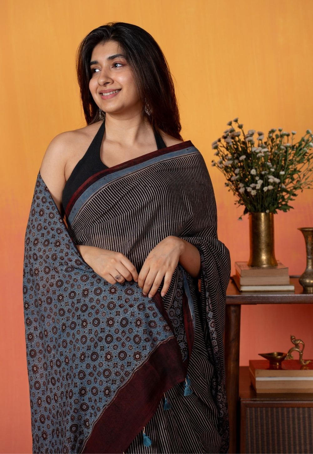 Black Pinstripe Ajrakh Hand Block Print Mul Saree