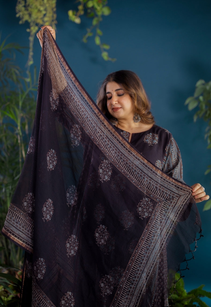 Black Butta Ajrakh Kota Doria Cotton Dupatta