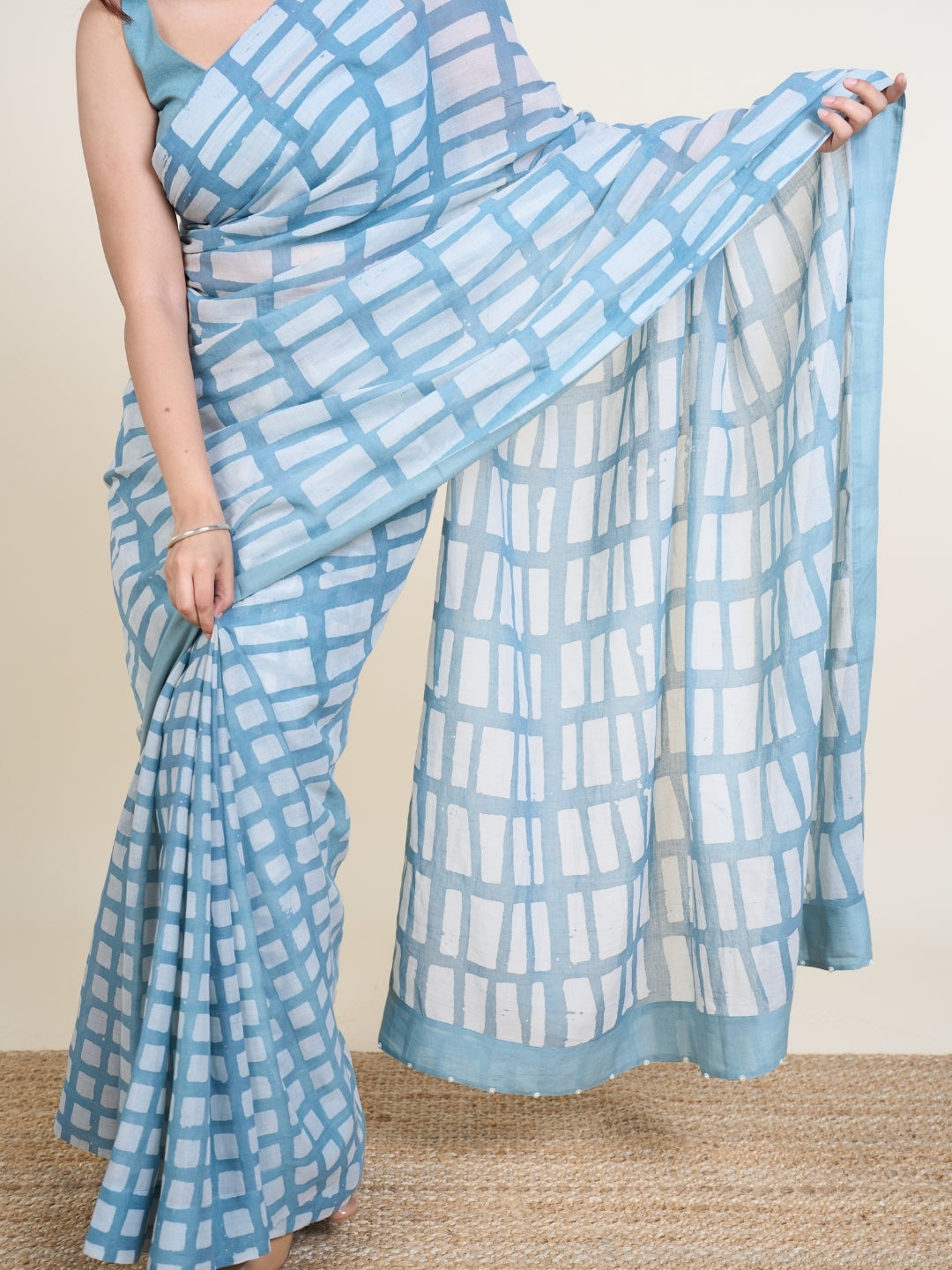 Mishi Blue Batik Hand Block Print Mul Cotton Saree with Embroidery