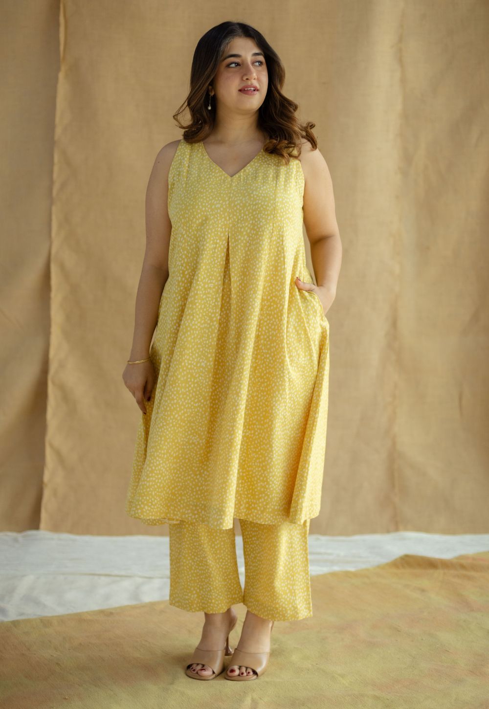 Aziza Mustard Hand Block Print Slub Cotton A Line Co-Ord Set