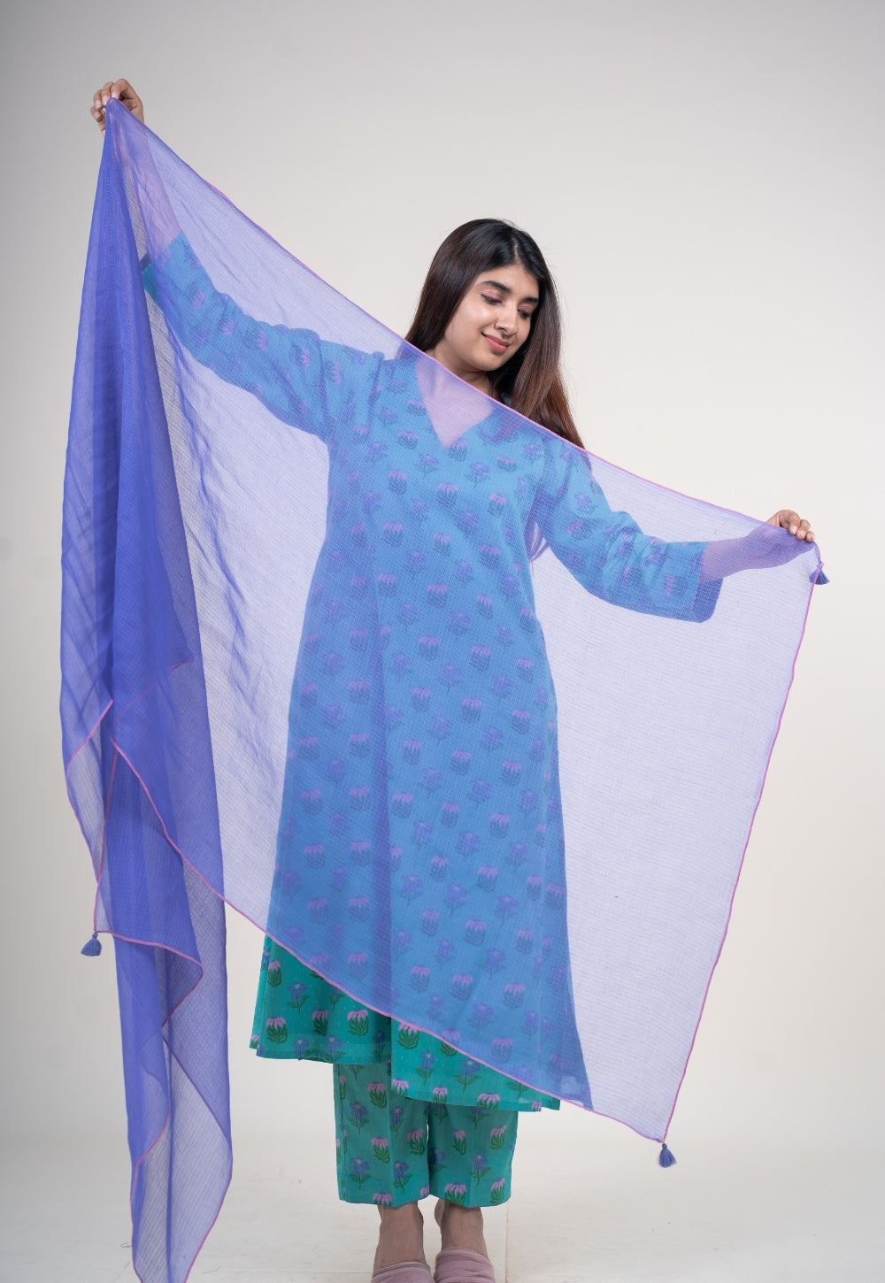 Bright Purple Solid Kota Doria Cotton Dupatta with Tassels