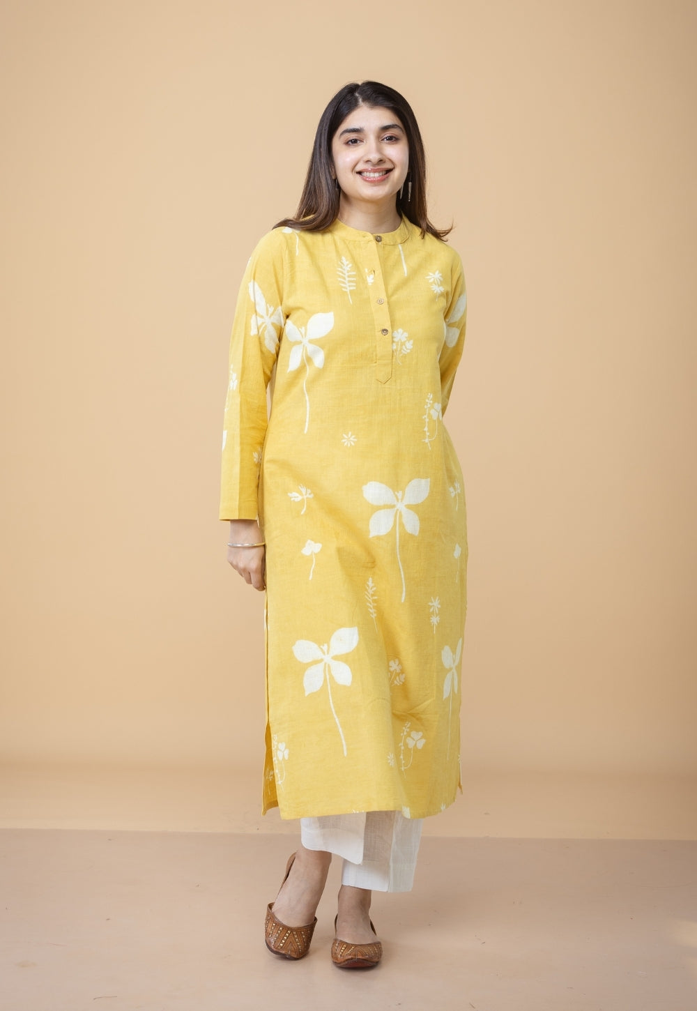 Azha Yellow Dabu Slub Cotton Straight Kurta