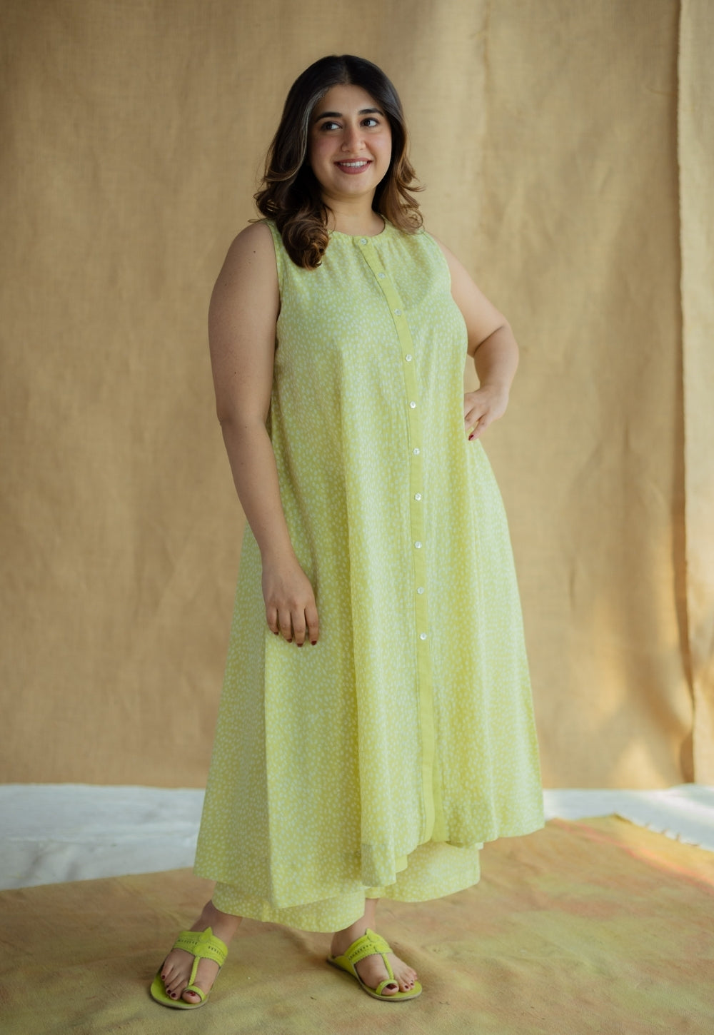 Heena Lime Green Hand Block Print Slub Cotton A Line Kurta