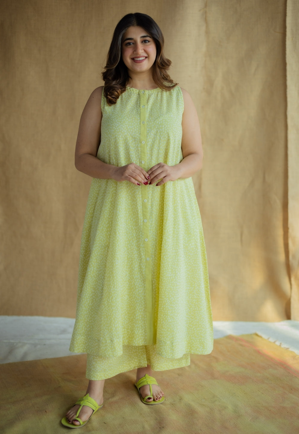 Heena Lime Green Hand Block Print Slub Cotton A Line Kurta