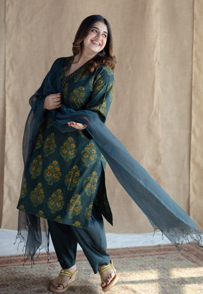 Sanya Green Ajrakh Cotton Straight Kurta with Hand Embroidery