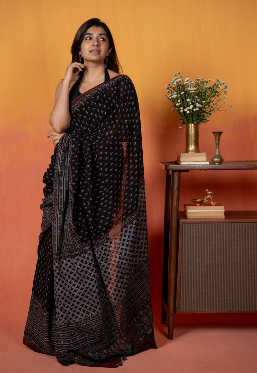 Black Butti Ajrakh Hand Block Print Mul Saree