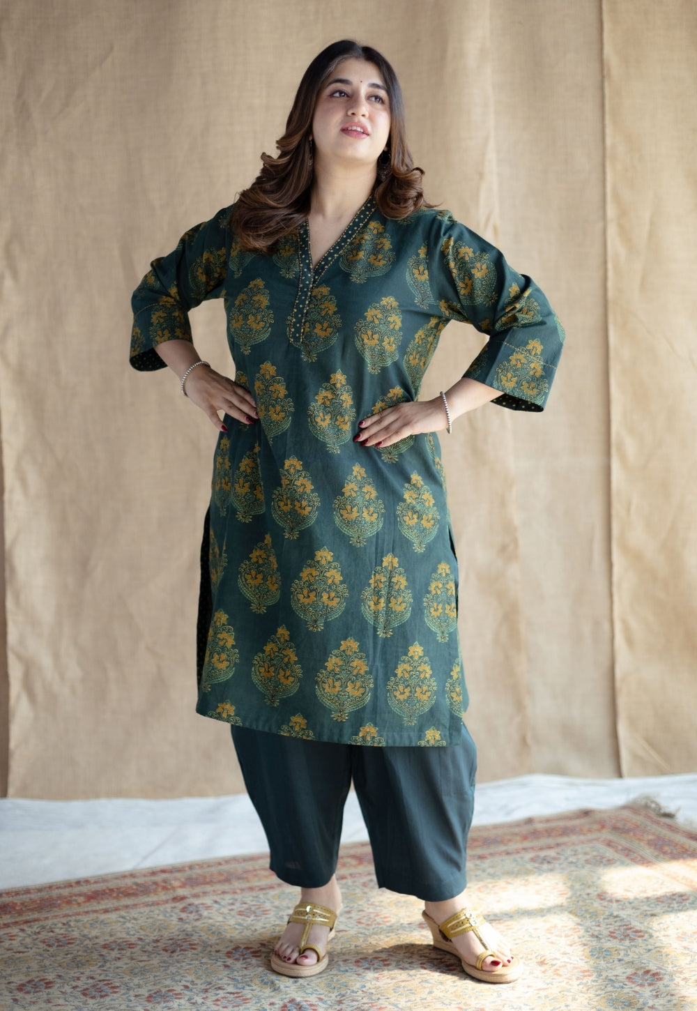 Sanya Green Ajrakh Cotton Straight Suit Set (Set of 3)