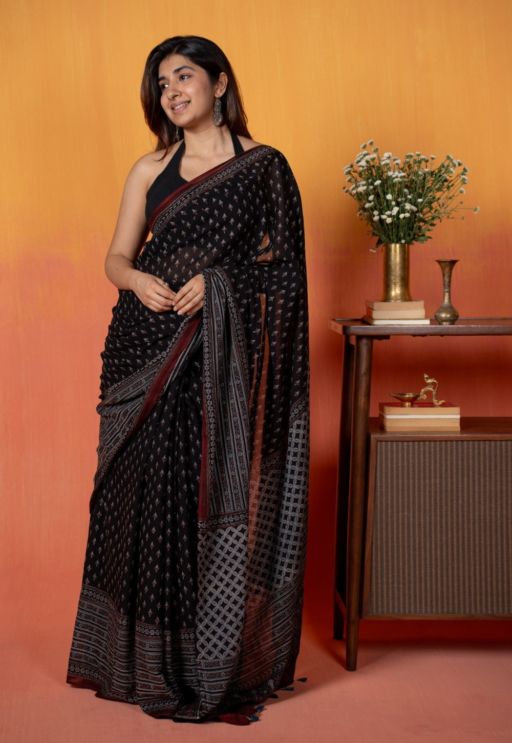 Black Butti Ajrakh Hand Block Print Mul Saree
