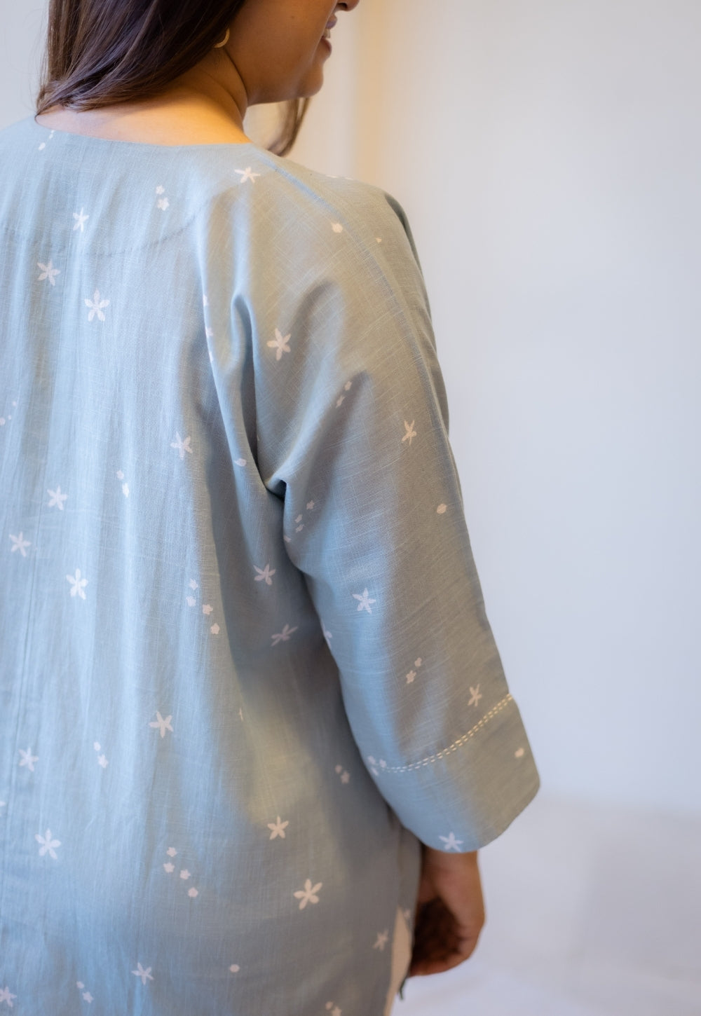 Lyla Sky Blue Hand Block Print Slub Cotton Straight Short Top with Hand Embroidery
