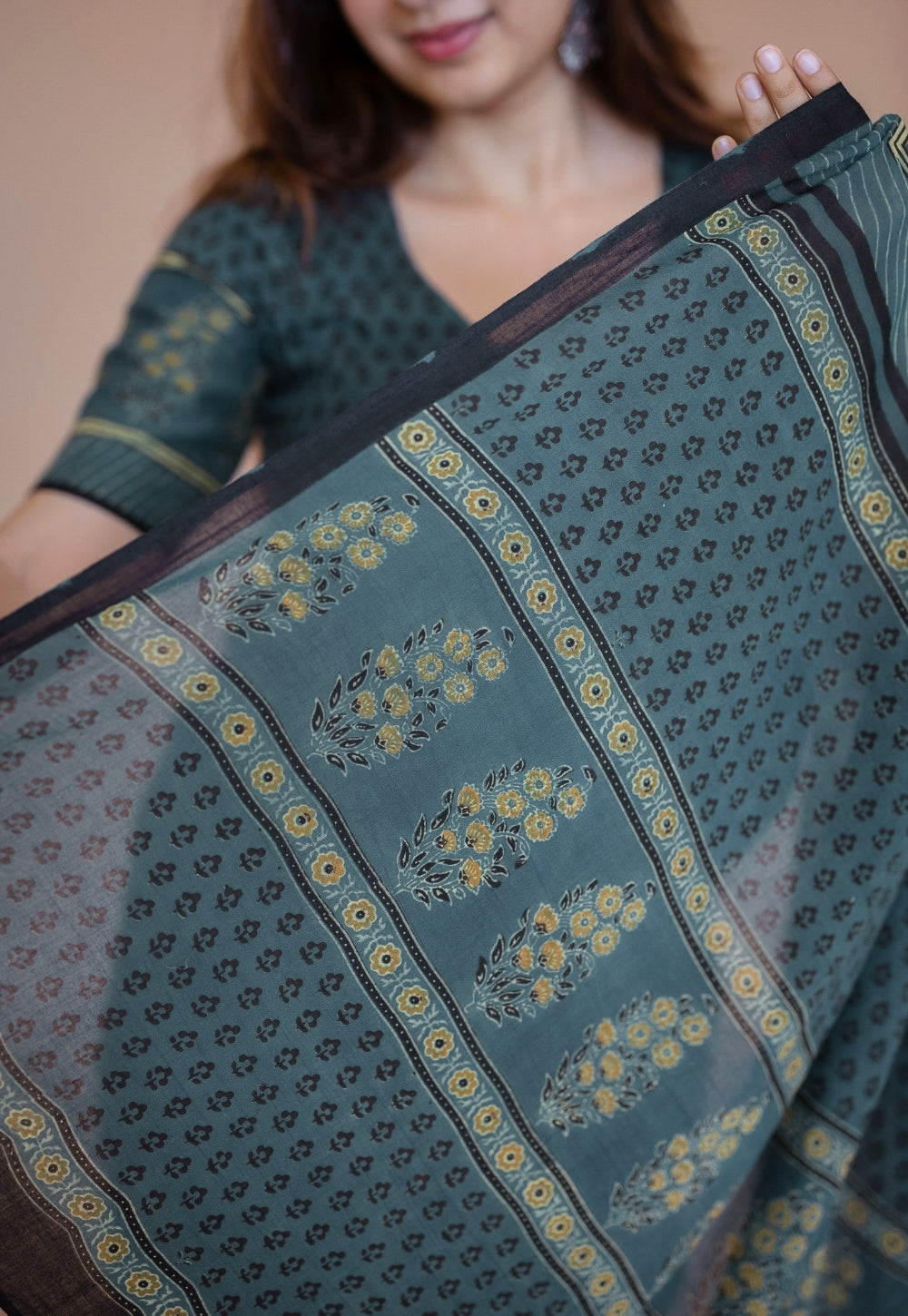 Green Floral Ajrakh Hand Block Print Mul Saree