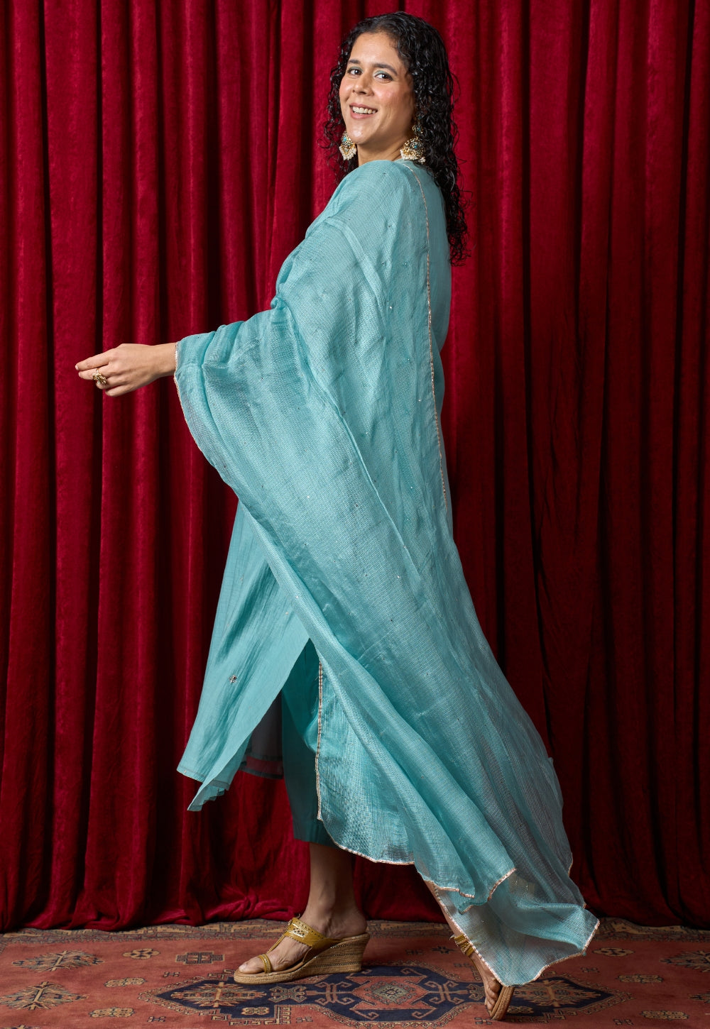 Nitara Blue Solid Chanderi Silk A Line Kurta with Hand Embroidery