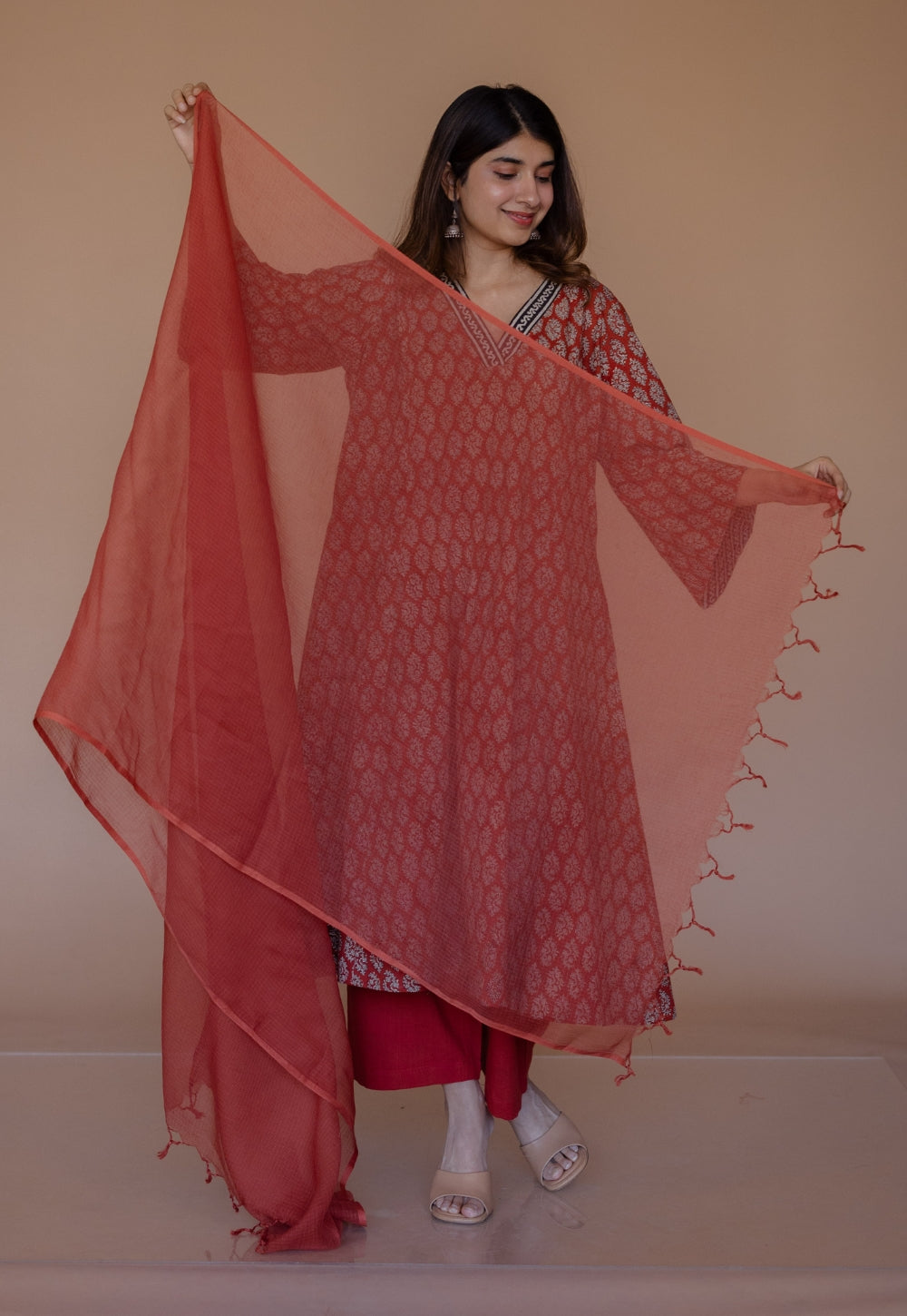 Red Solid Kota Doria Cotton Dupatta