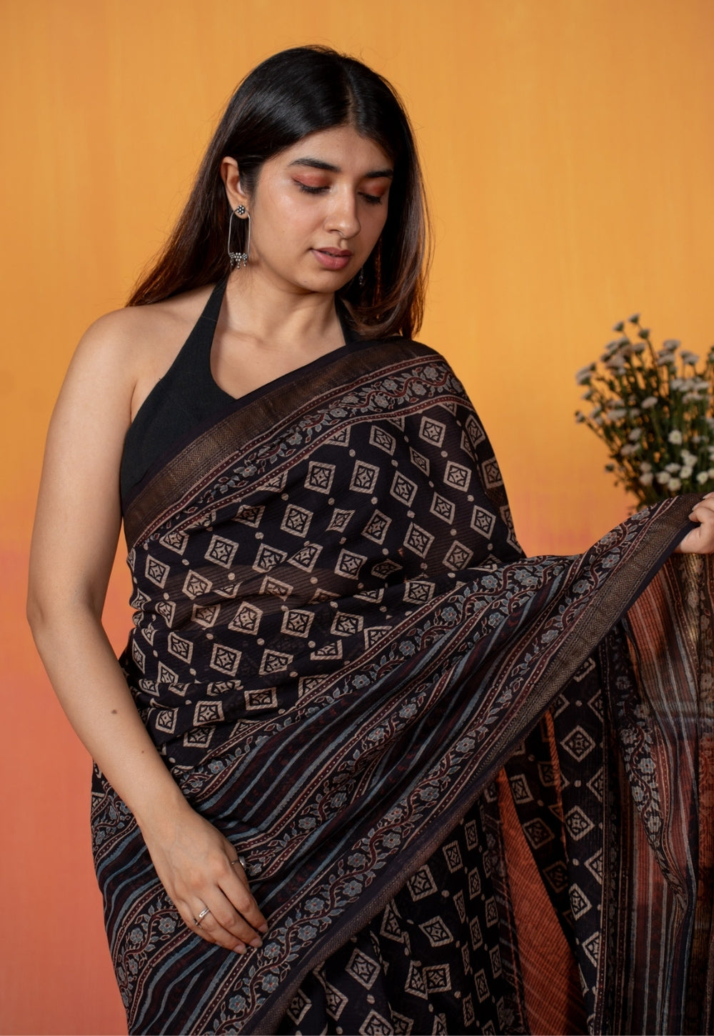 Black Aztec Ajrakh Hand Block Print Maheshwari Saree