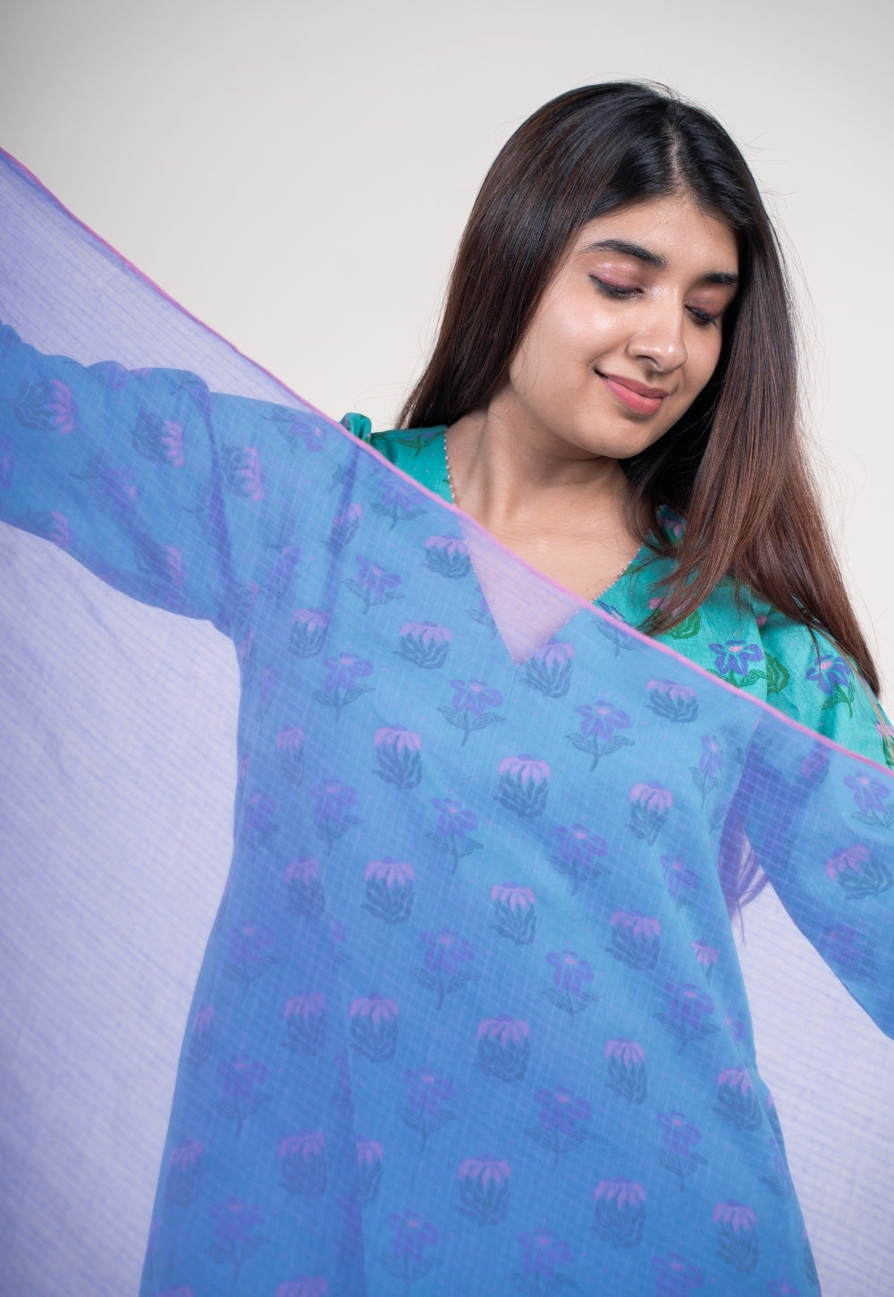 Bright Purple Solid Kota Doria Cotton Dupatta with Tassels