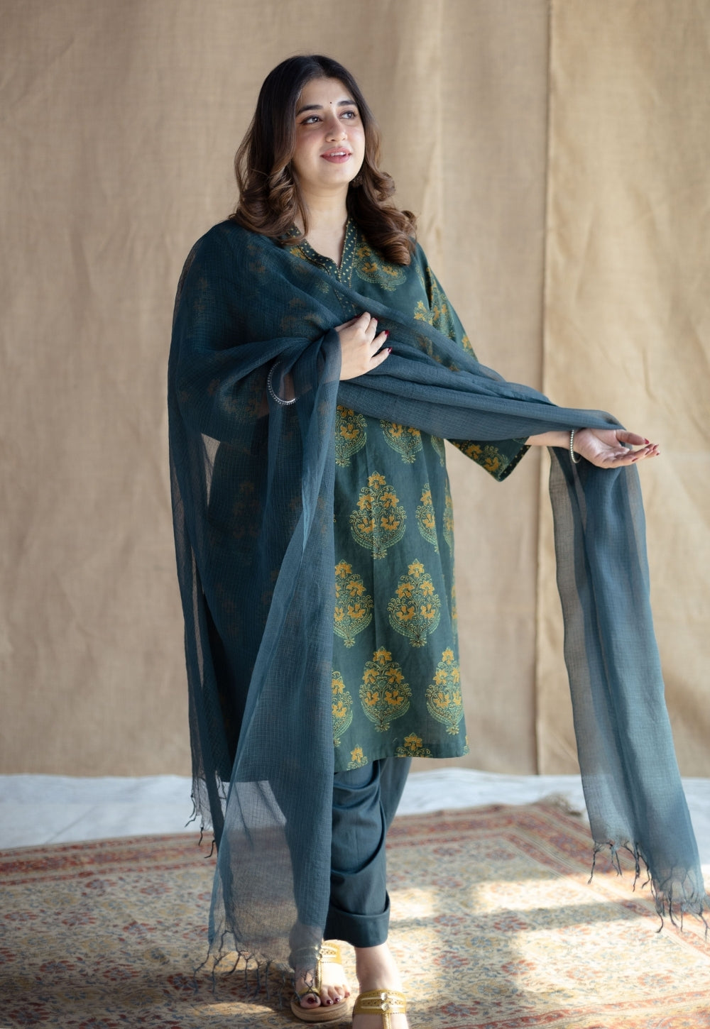 Sanya Green Ajrakh Cotton Straight Kurta Set (Set of 2)