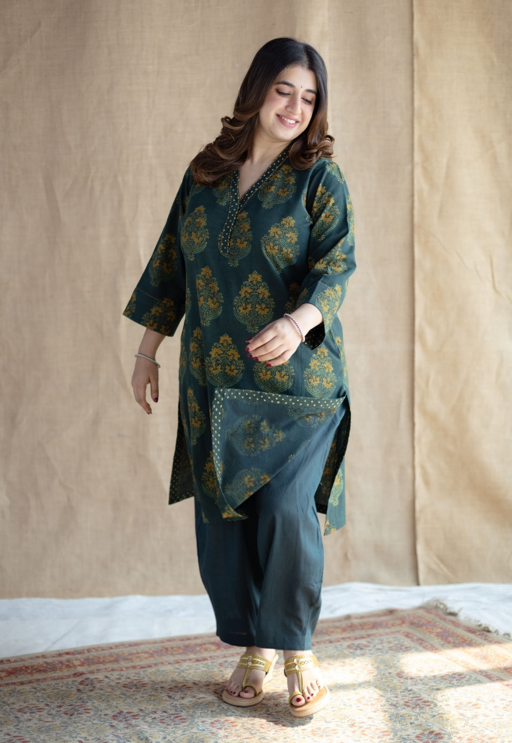 Sanya Green Ajrakh Cotton Straight Kurta Set (Set of 2)
