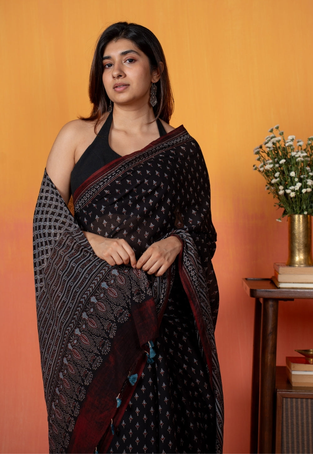 Black Butti Ajrakh Hand Block Print Mul Saree