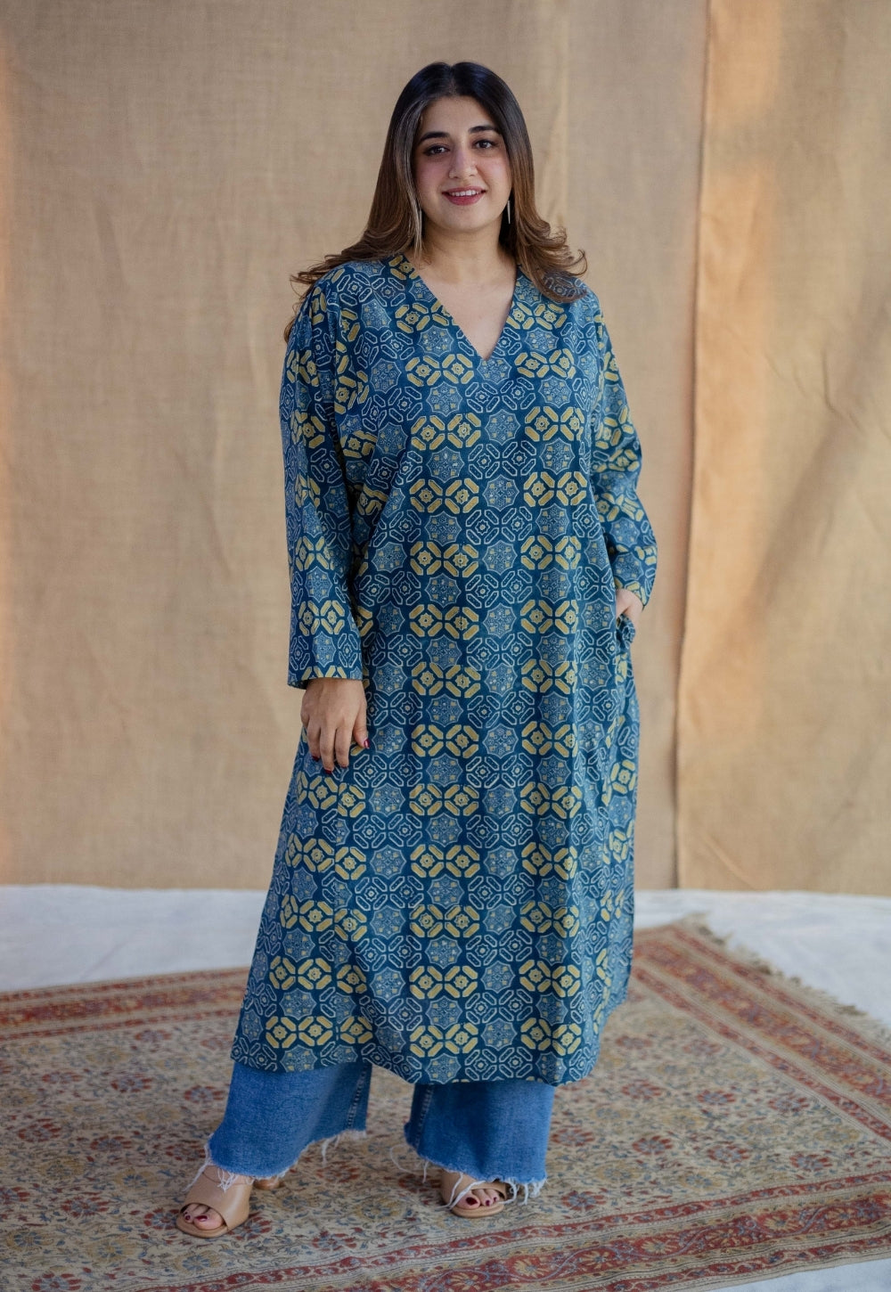 Ritika Blue Ajrakh Cotton Jhabbha Kali Kurta