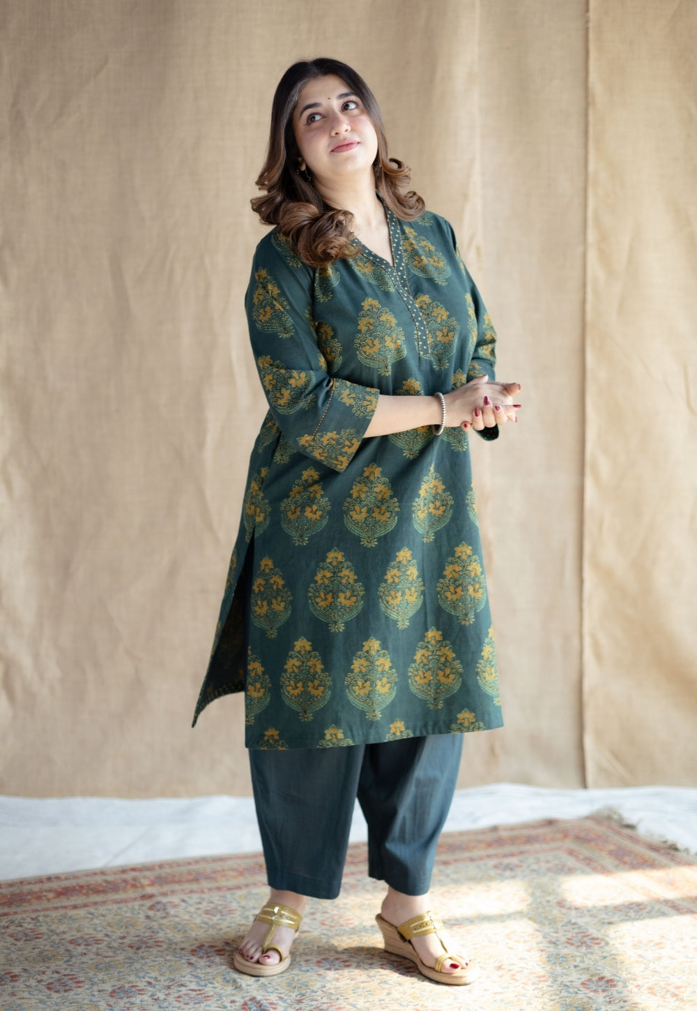 Sanya Green Ajrakh Cotton Straight Kurta Set (Set of 2)