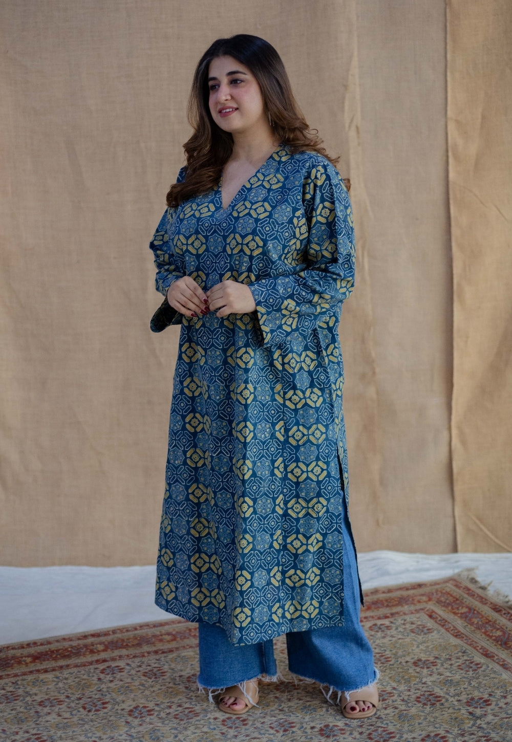Ritika Blue Ajrakh Cotton Jhabbha Kali Kurta
