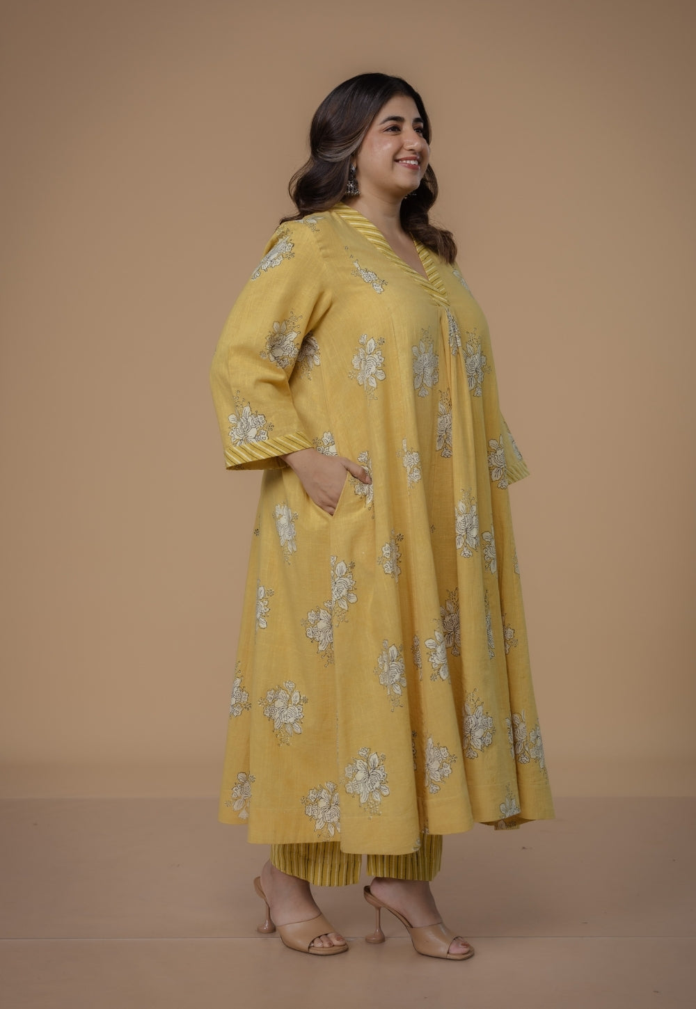 Sakhi Yellow Dabu Slub Cotton Kali Kurta Set (Set Of 2)