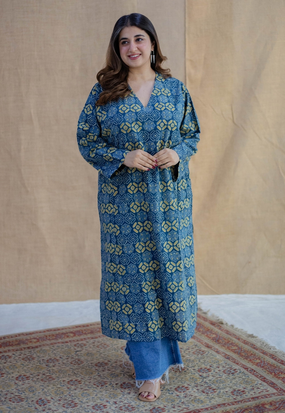 Ritika Blue Ajrakh Cotton Jhabbha Kali Kurta