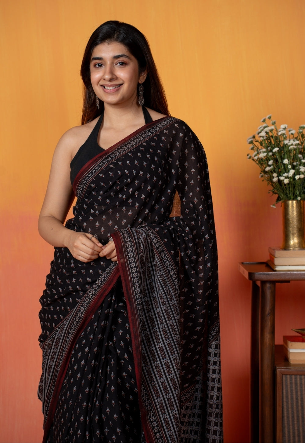 Black Butti Ajrakh Hand Block Print Mul Saree