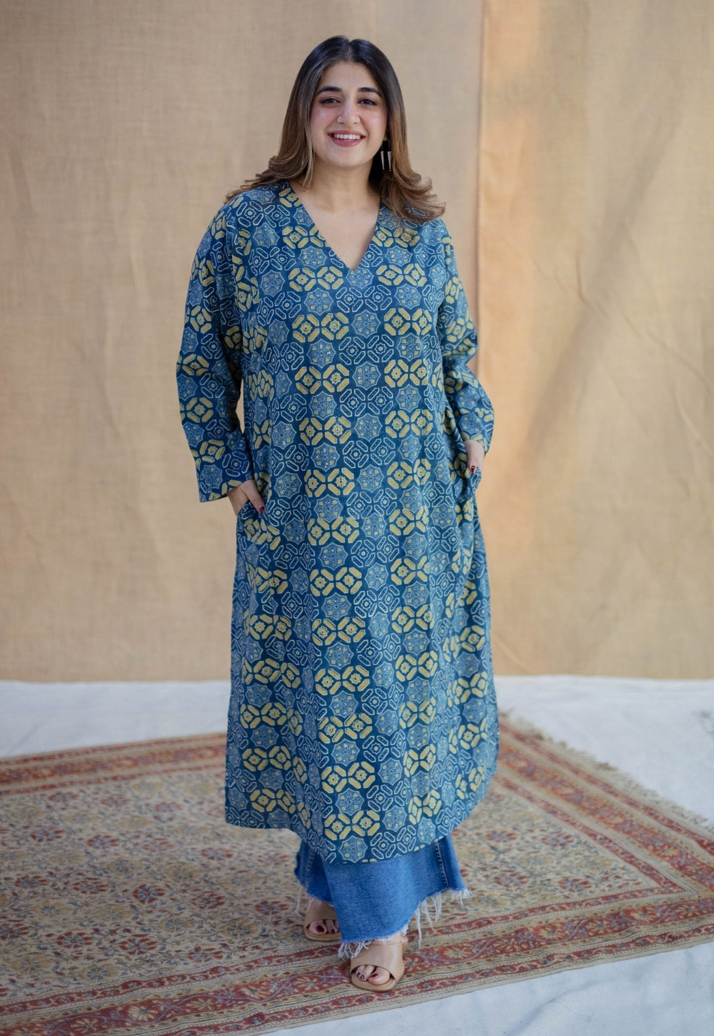 Ritika Blue Ajrakh Cotton Jhabbha Kali Kurta