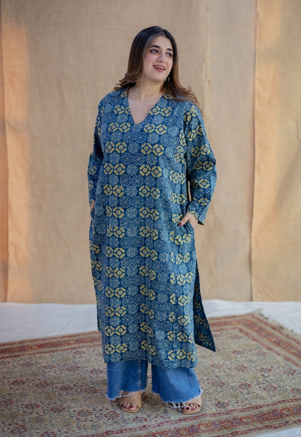 Ritika Blue Ajrakh Cotton Jhabbha Kali Kurta