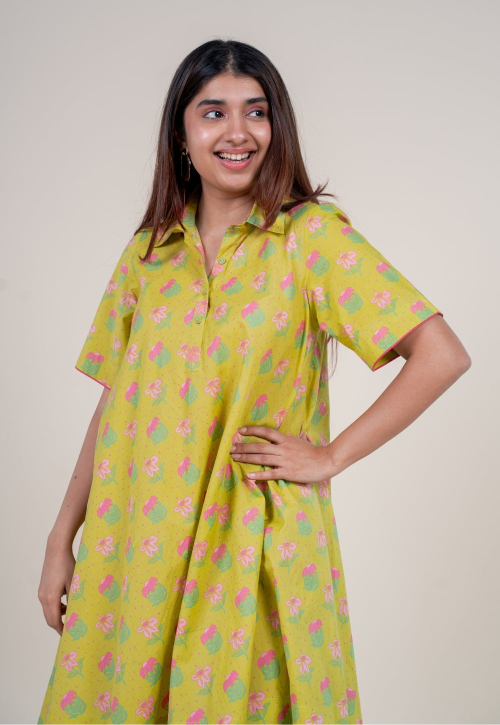 Srisha Lime Green Printed Cotton A Line Dress