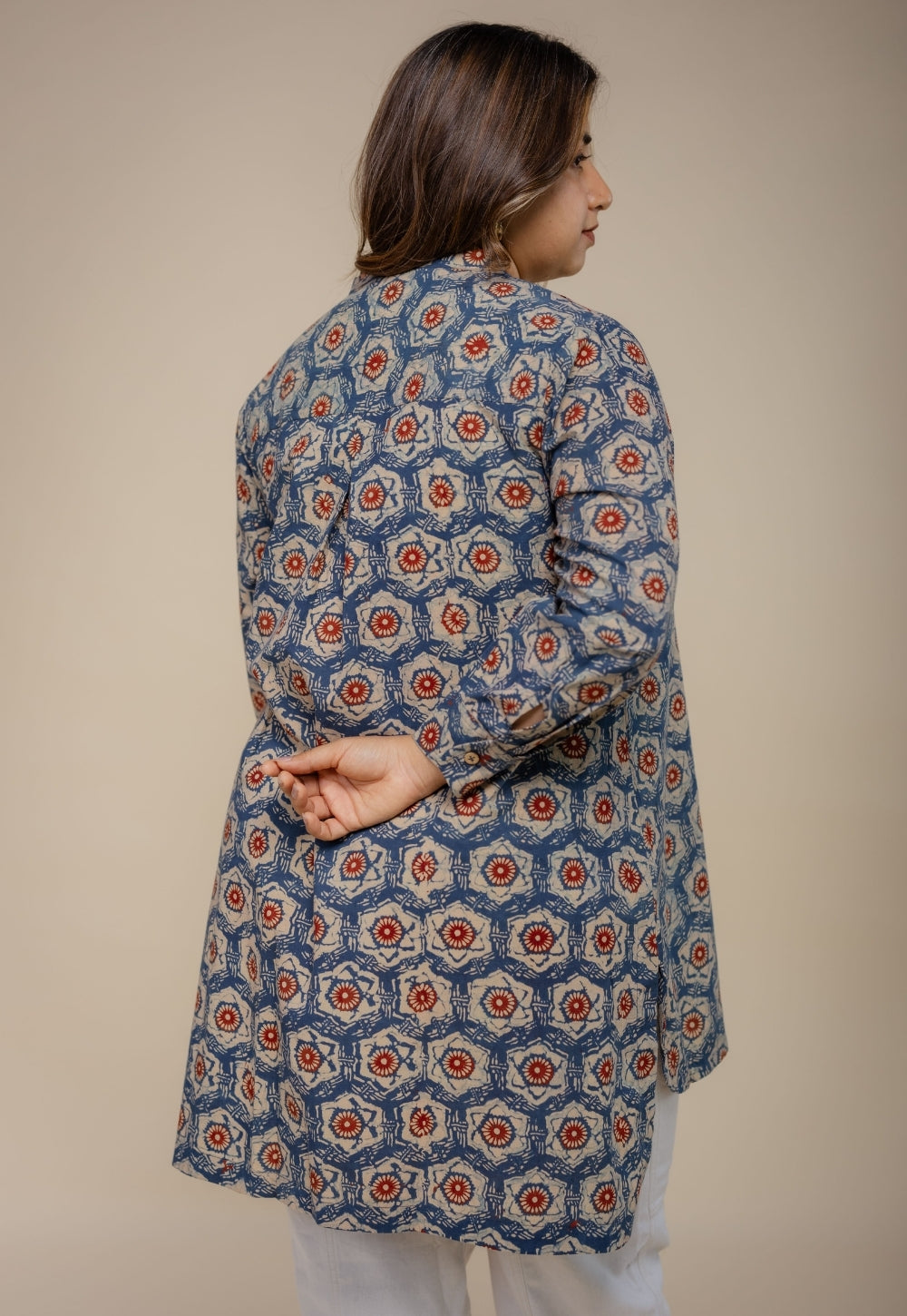 Naaz Blue Ajrakh Cotton A Line Short Top