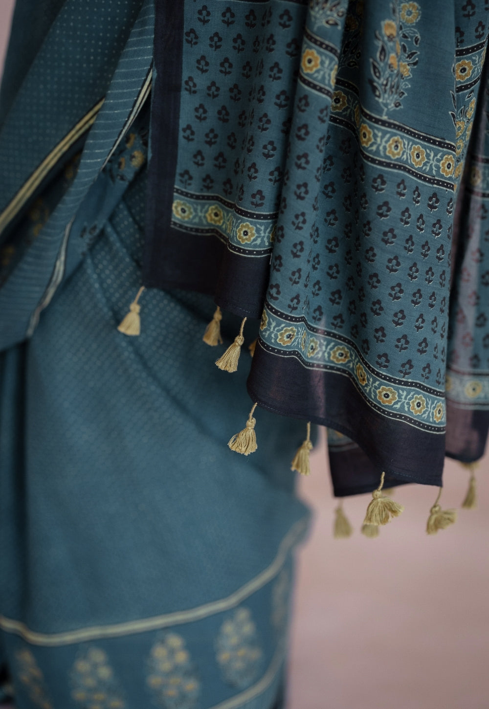 Green Floral Ajrakh Hand Block Print Mul Saree