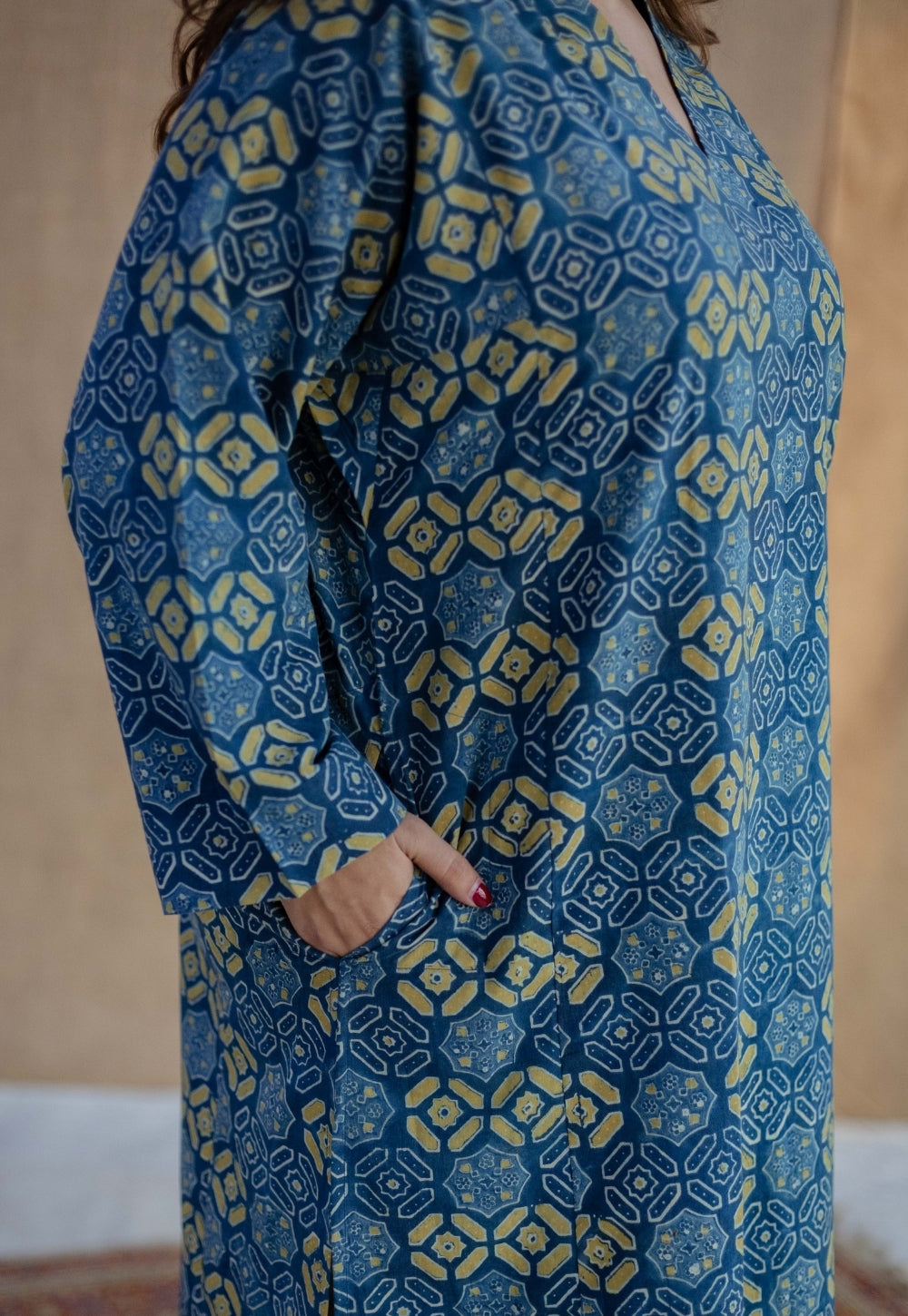 Ritika Blue Ajrakh Cotton Jhabbha Kali Kurta