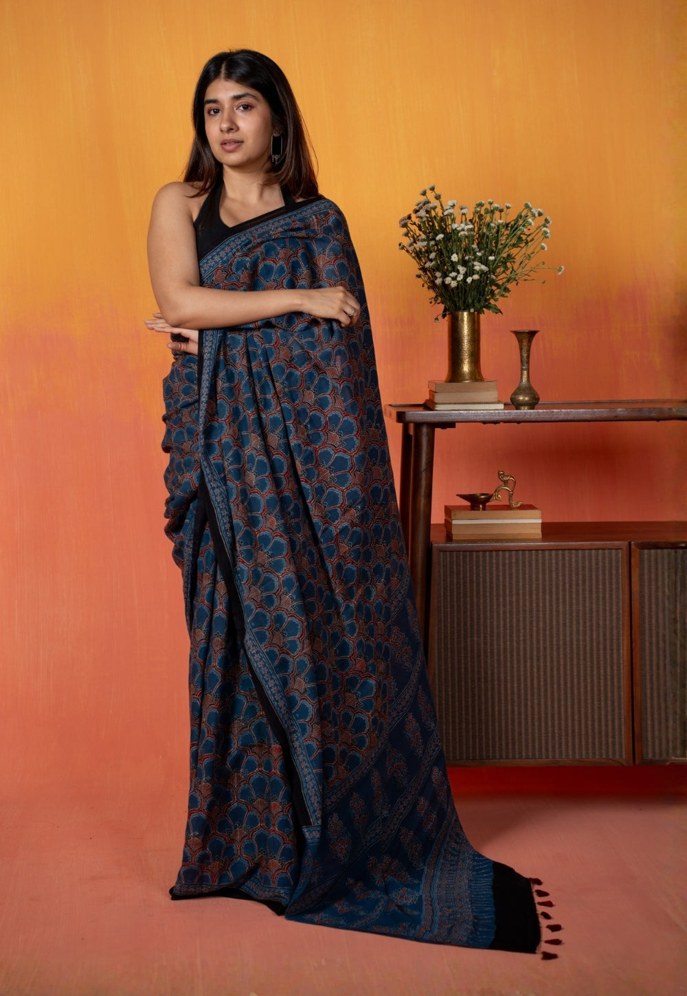 Blue Floral Jaal Ajrakh Hand Block Print Mul Saree