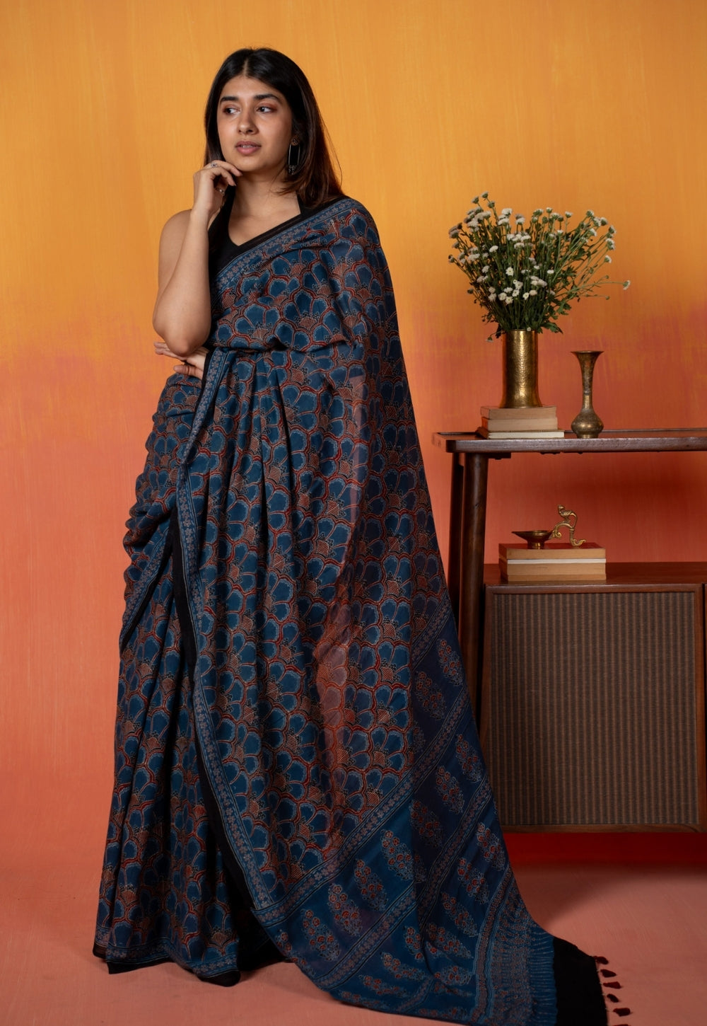 Blue Floral Jaal Ajrakh Hand Block Print Mul Saree