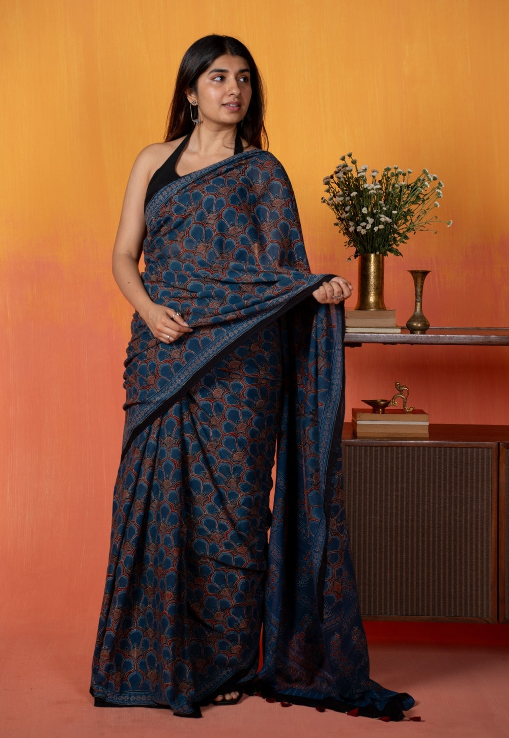 Blue Floral Jaal Ajrakh Hand Block Print Mul Saree