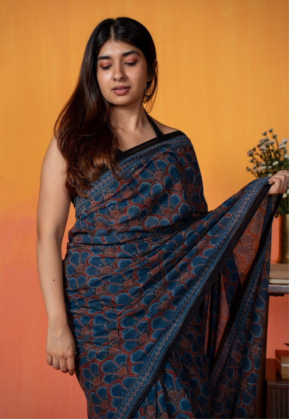 Blue Floral Jaal Ajrakh Hand Block Print Mul Saree