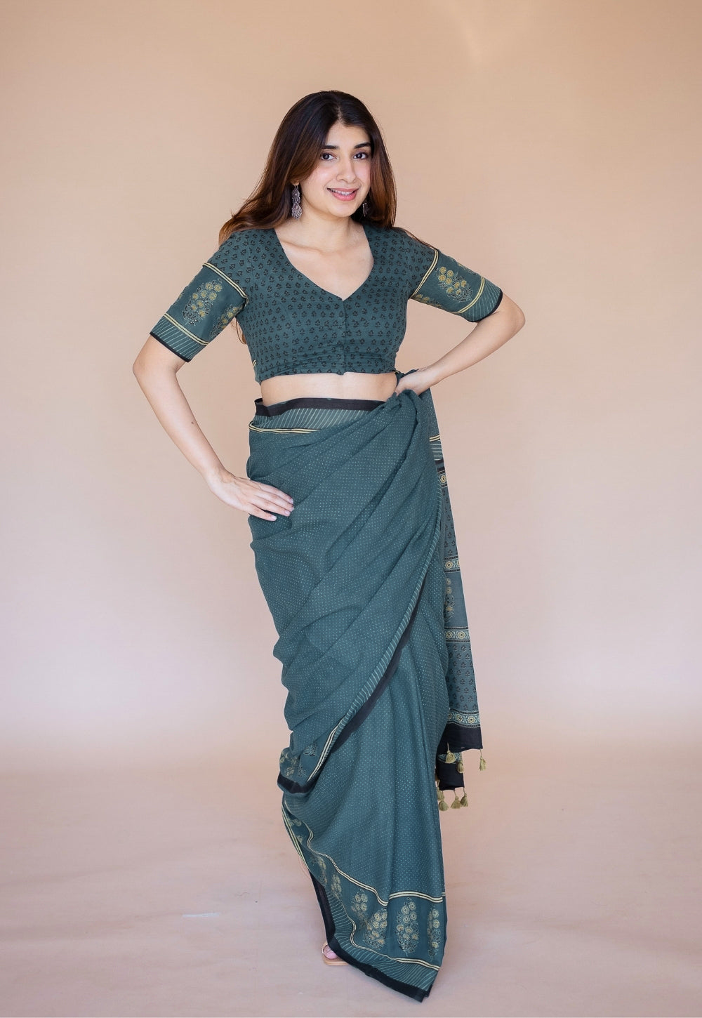 Green Floral Ajrakh Hand Block Print Mul Saree